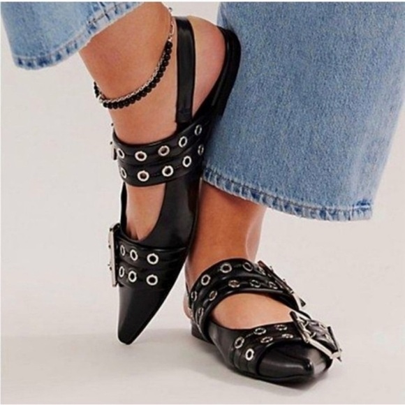New Free People x Jeffrey Campbell Lilly Buckle Debb Slingback Flats Black 8 - Picture 9 of 10
